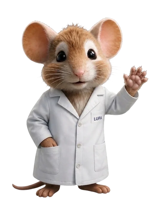 Jerry, the Lupa AI assistant mascot, a friendly mouse in a lab coat waving