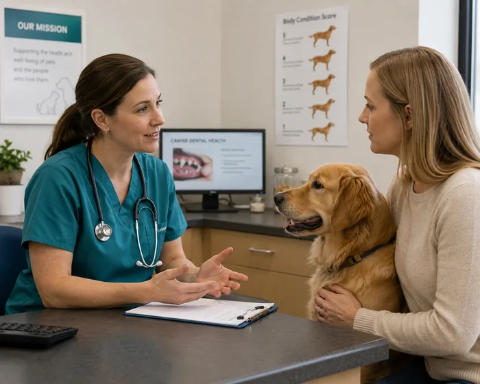 A vet in teal scrubs talking with a pet owner and their golden retriever during a consultation