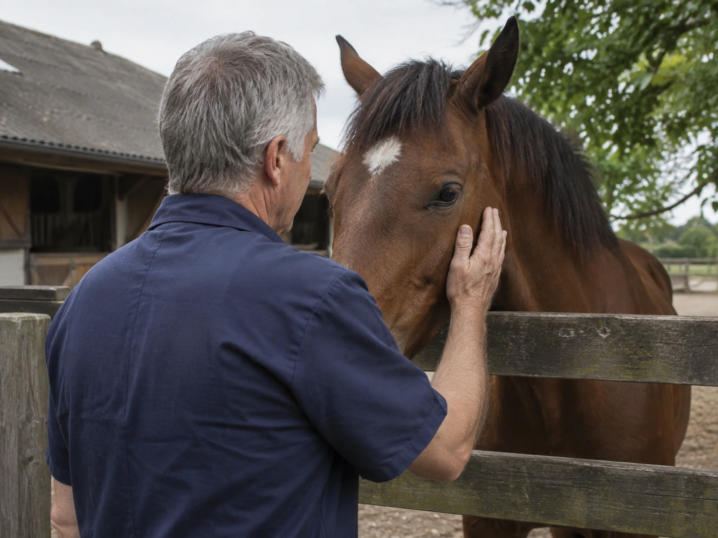 Equine vet examining a horse at the yard gate
