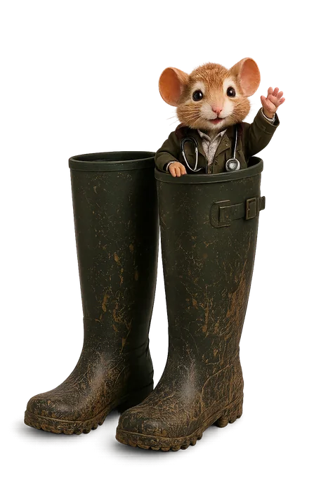 A vet mouse in a wax jacket and stethoscope waving from inside a pair of muddy green wellington boots