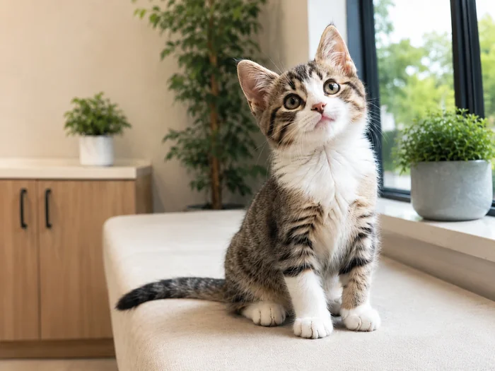 A kitten sitting calmly on a clinic bench by the window